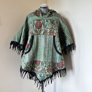 Artisan Tapestry Hooded Poncho Cape Fringe Boho Festival Cottagecore